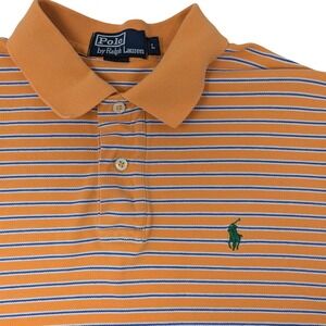 Polo Ralph Lauren Men Orange Blue Striped Short Sleeve Polo Shirt Size L